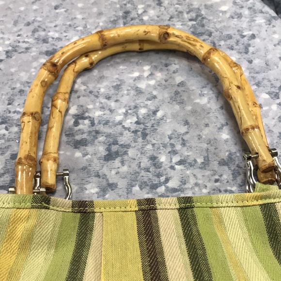 Striped Cotton Summer Handbag with Bamboo Handles. (Green Yellow Tan Brown) ☀️ - Picture 5 of 10